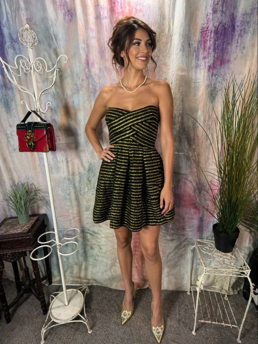 📌a'gaci Glam Statement Bold Black & Gold Strapless Mini Dress